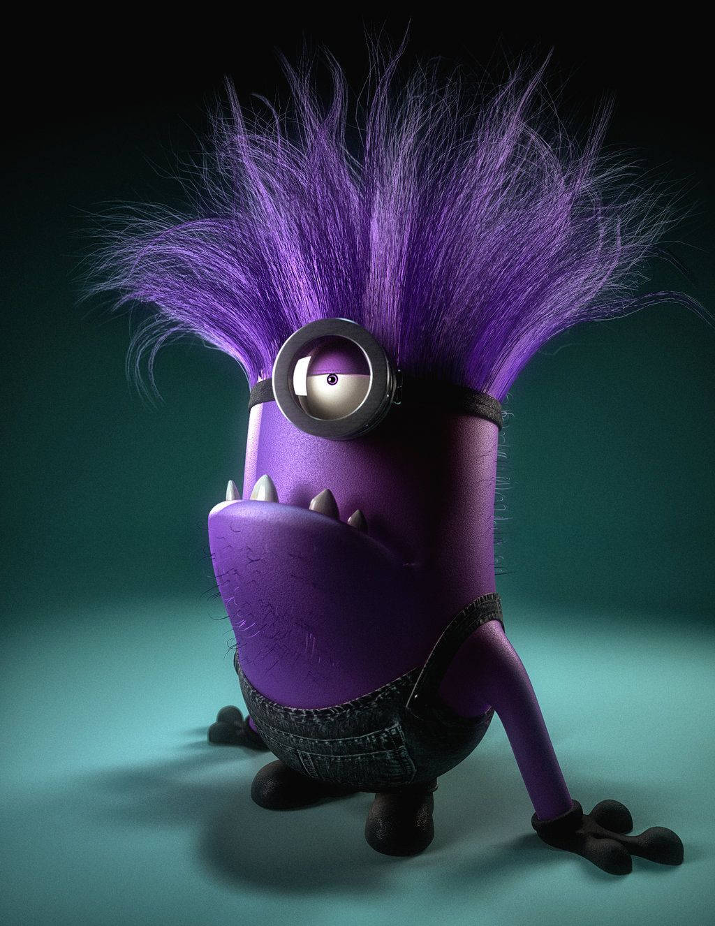 無趣的惡魔小兵 壁紙 — 一個紫色嘅Minion，有亂糟糟嘅頭髮同埋一隻眼，企喺深藍綠色背景前嘅攝影棚相入面。