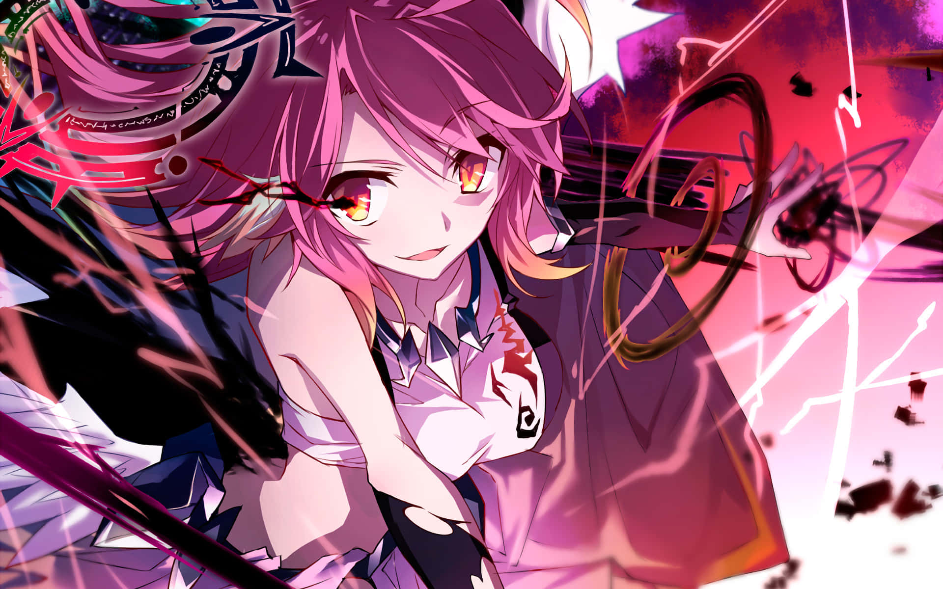 《無遊戲無人生》主角特寫 壁紙 — 一個充滿活力的動漫女孩，粉紅色頭髮和發光的眼睛，在動態的能量爆發和破碎的碎片中揮舞著劍。