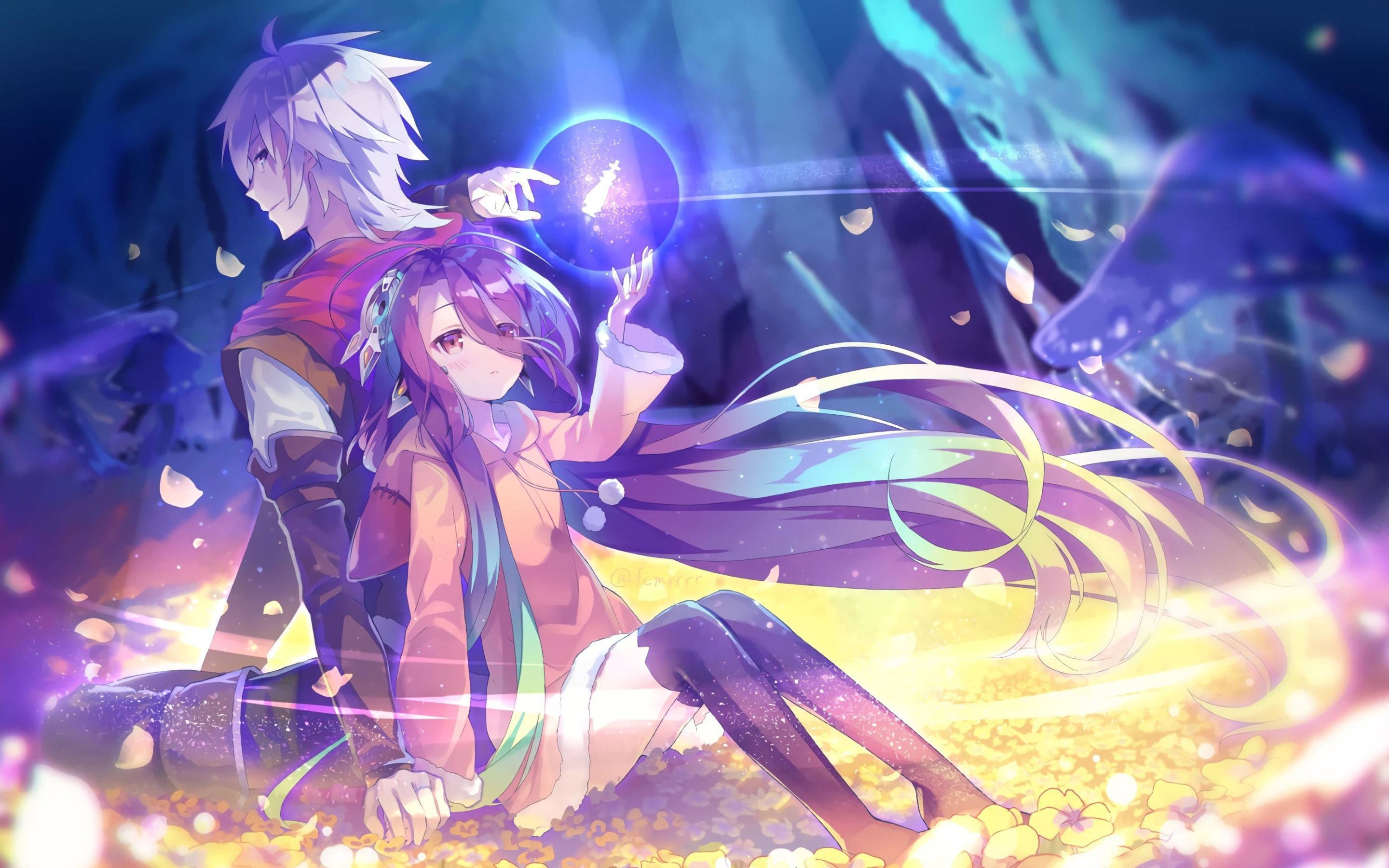 《無遊戲無人生》索拉與希羅 壁紙 — 兩個動漫角色坐在發光的花瓣中，一個女孩拿著漂浮的球體，一個男孩帶著溫柔的微笑看著。