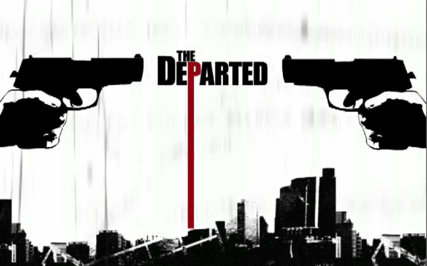 兩隻手槍互相瞄準，背景為城市天際線，標題為「The Departed」。