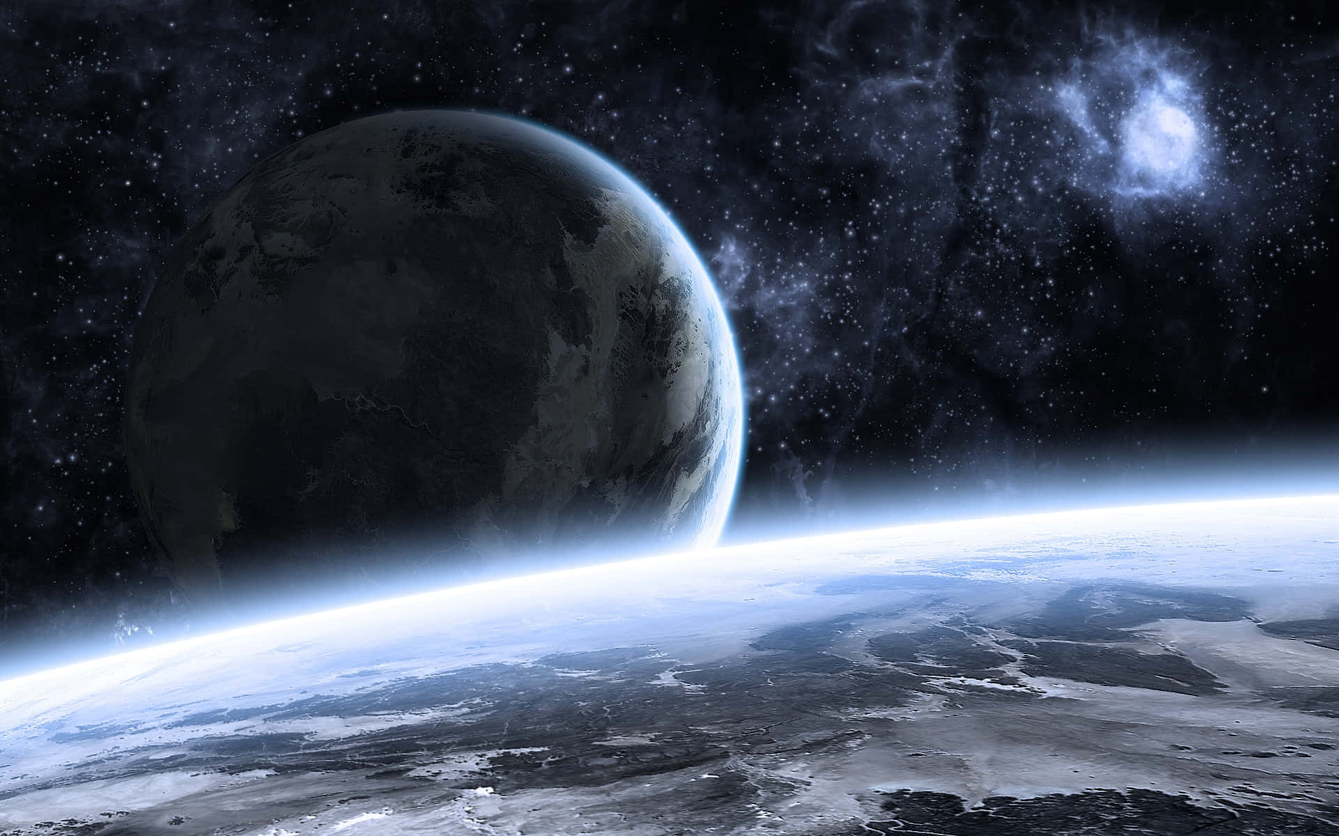 一顆巨大的行星在佈滿星星的太空場景中，從發光的地平線升起。