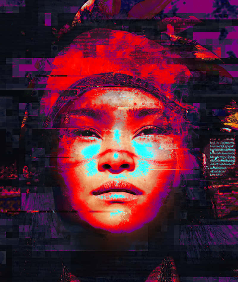 無限可能 壁紙 — 一幅故障藝術風格的女性面孔肖像，帶有鮮豔的紅色和青色數位扭曲及像素化噪點。