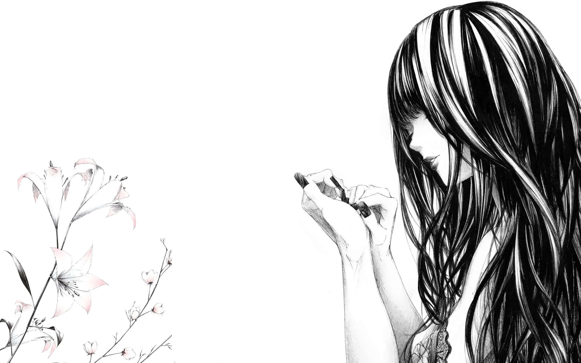 長髮女孩在百合花旁拿著筆的黑白插圖。
