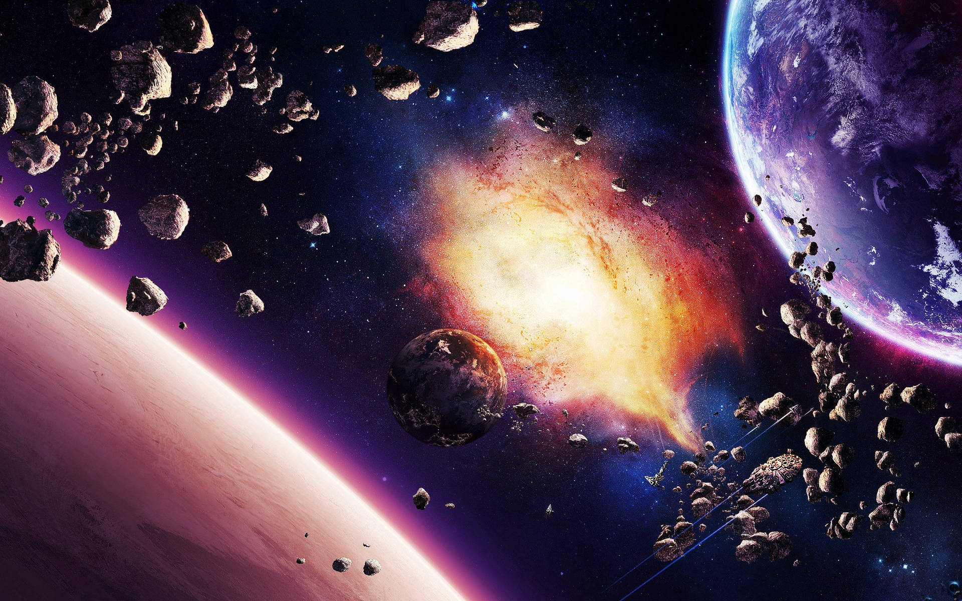 深空中帶有行星、小行星和發光星雲的宇宙場景。