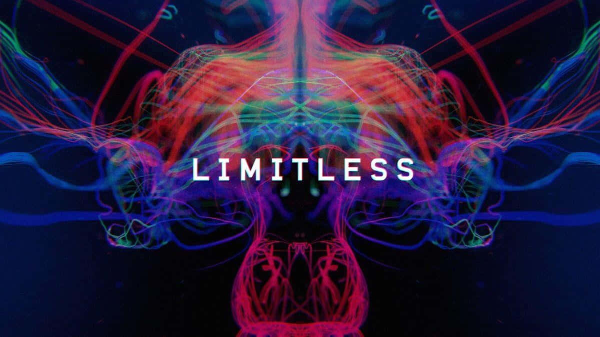 霓虹能量流在黑暗抽象設計中圍繞「limitless」一詞旋轉。
