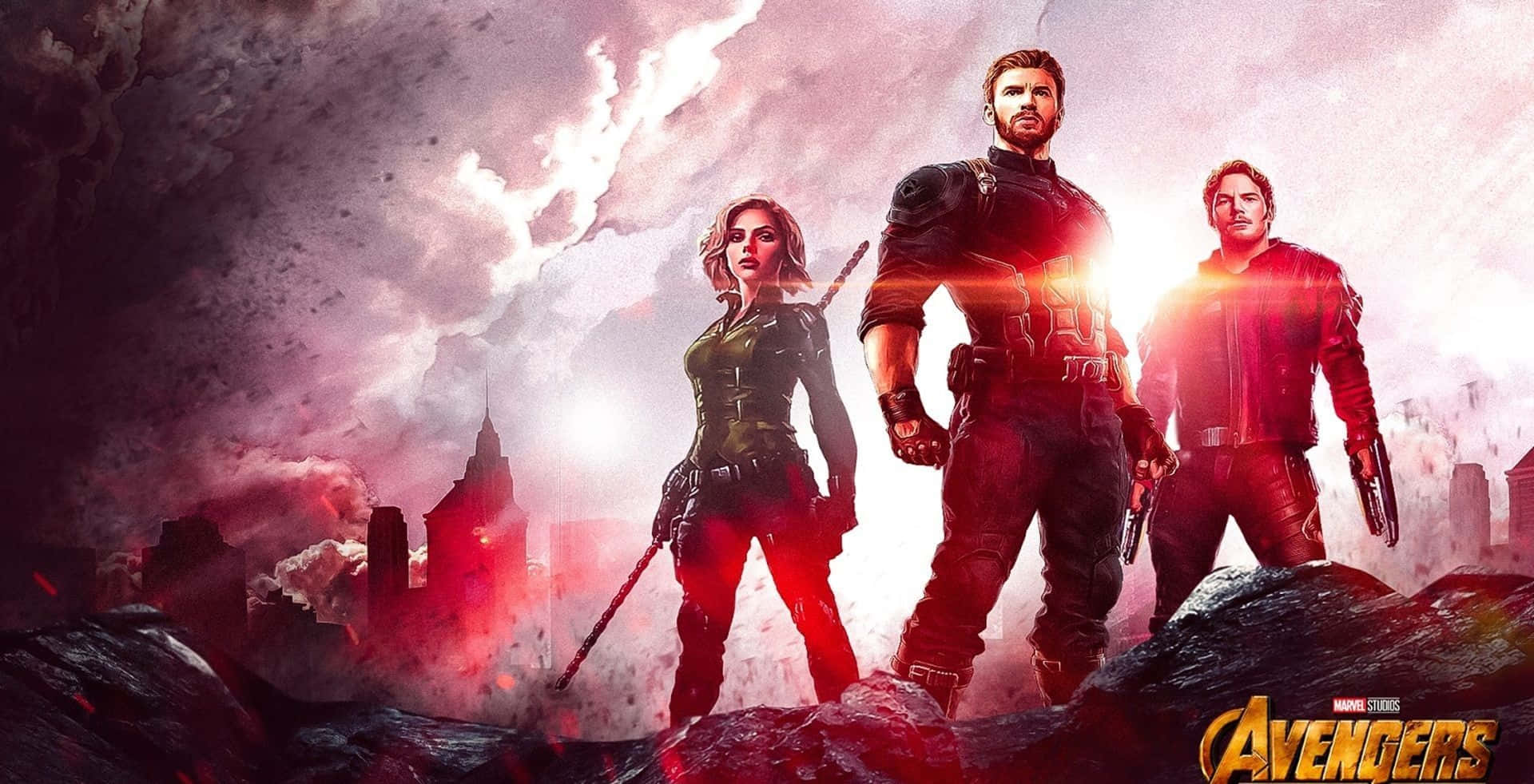 《無限戰爭》到來！這部震撼的復仇者電影終於上映！ 壁紙 — 三位超級英雄挑釁地站在瓦礫上，背後的城市在火紅的天空下燃燒。