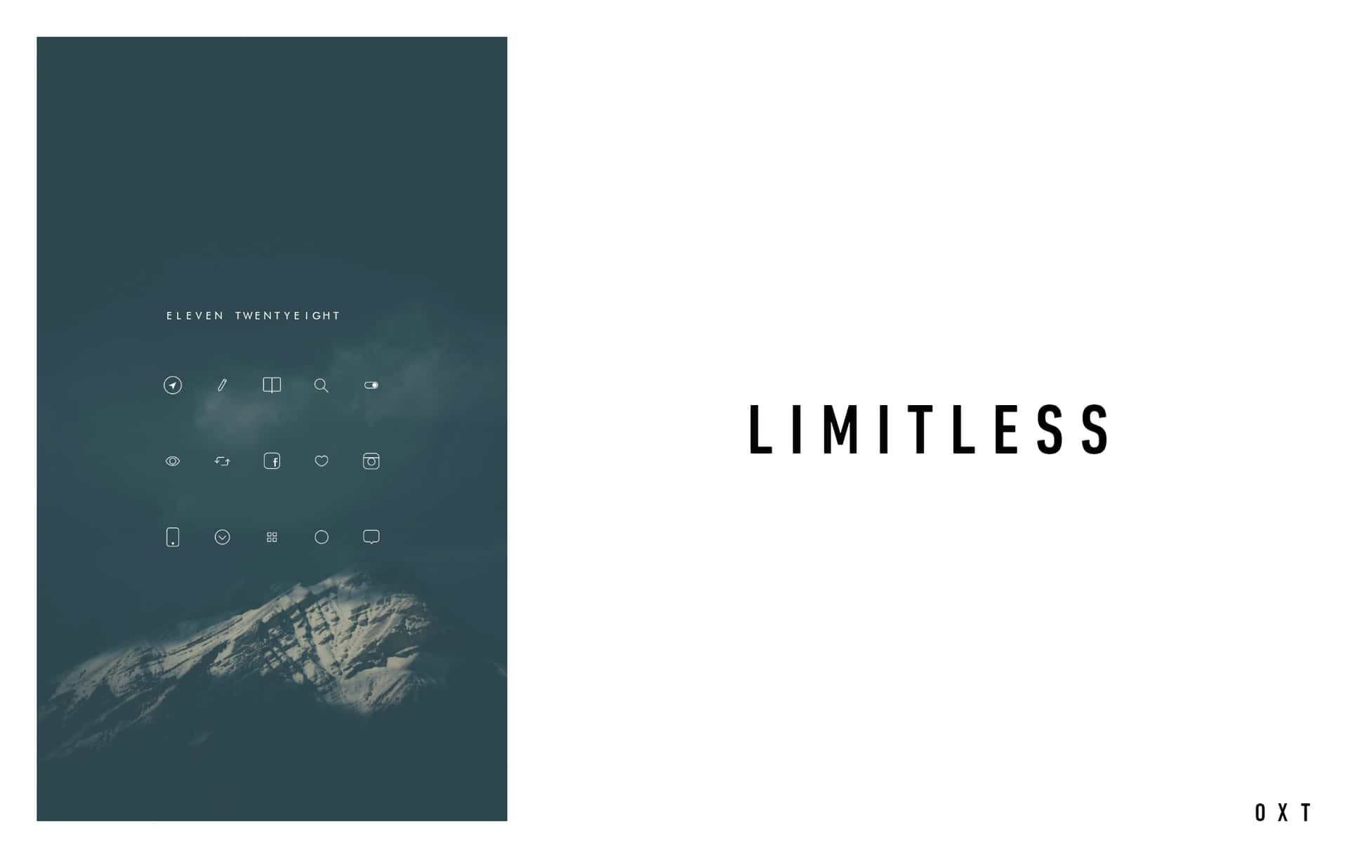 青綠色天空下的雪白山頂，帶有應用程式圖標和limitless字樣