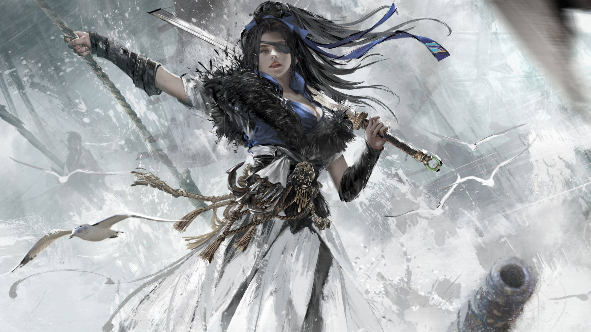 《無限殺戮：刀鋒》崔瓦達 壁紙 — 一位長黑髮的兇猛女戰士在旋轉的雪和飛鳥中揮舞兩把劍。