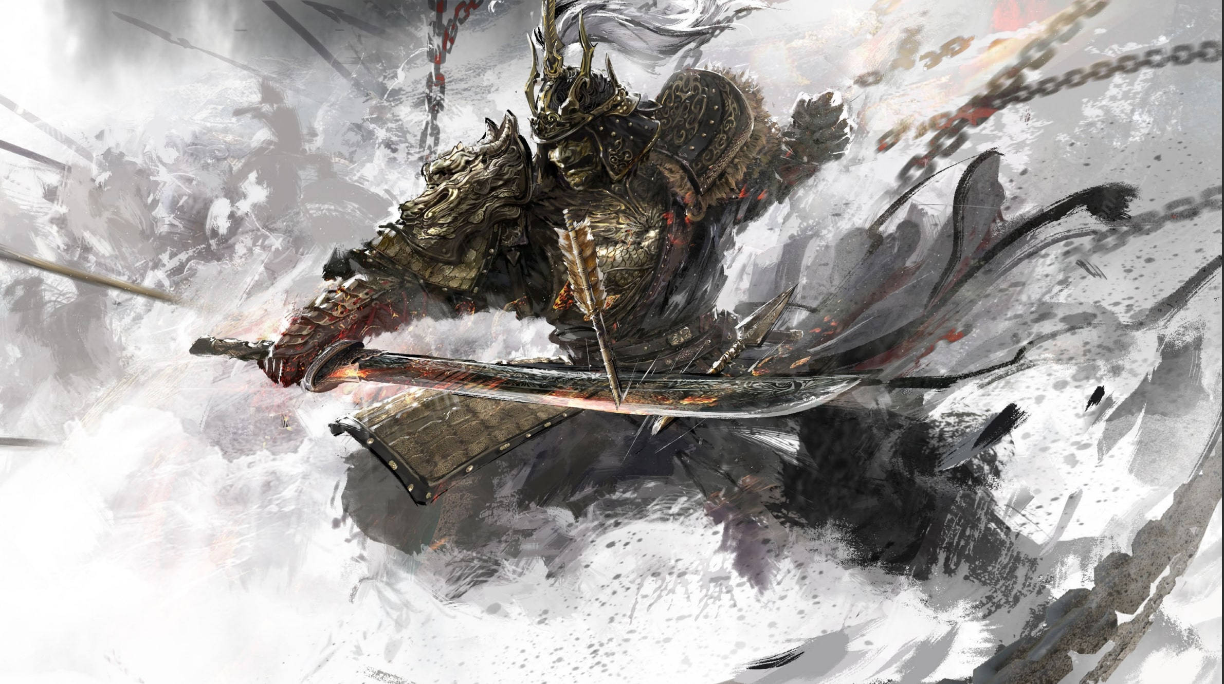 《無限殺戮：刀鋒》武士戰士 壁紙 — 一名身穿重甲、頭戴尖刺頭盔、披風飄揚的戰士，揮舞著發光的劍，穿過旋轉的白霧和破碎的鎖鏈。
