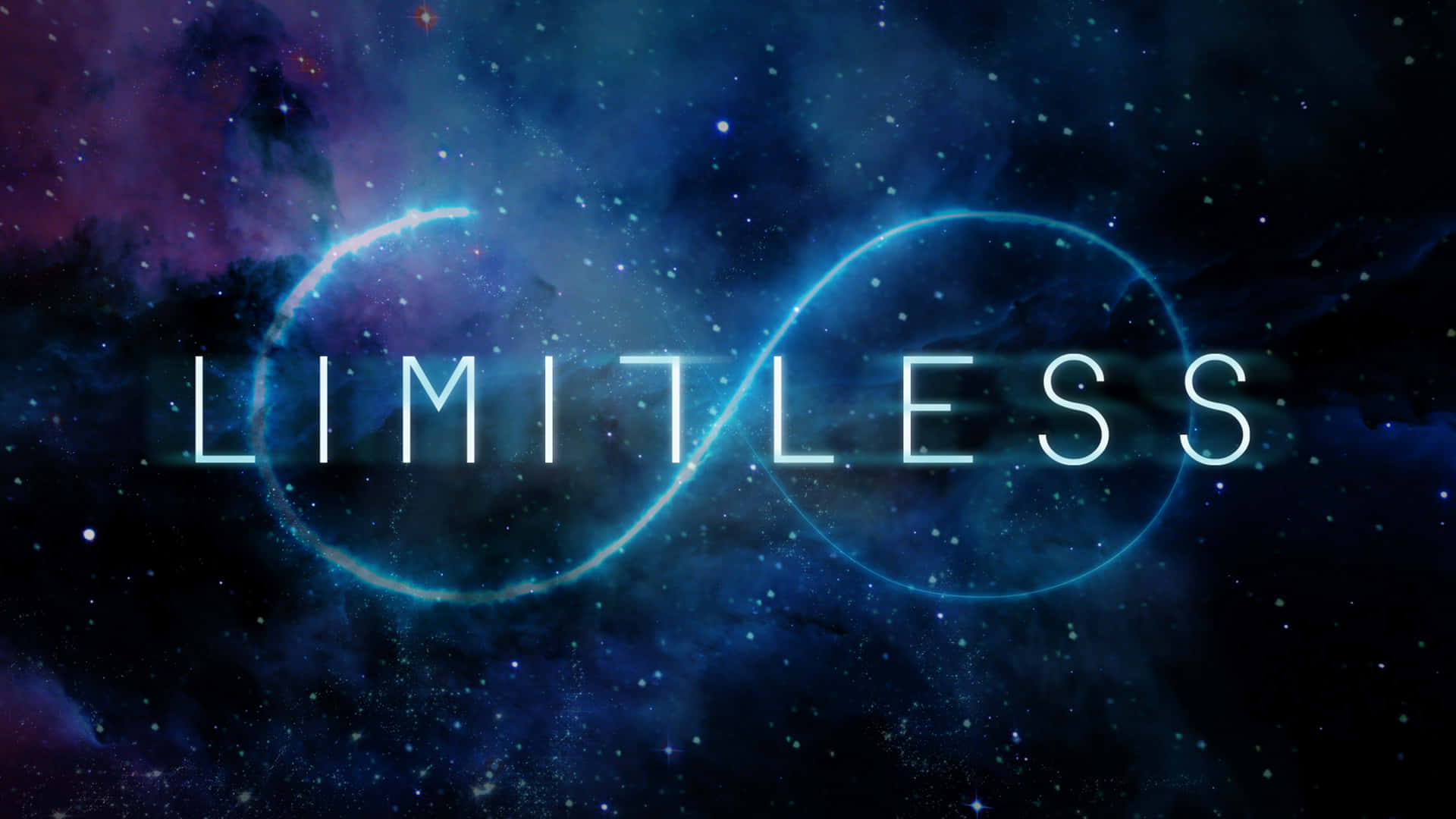 在繁星點點的宇宙星雲背景上，帶有無限符號的霓虹藍色「limitless」文字。