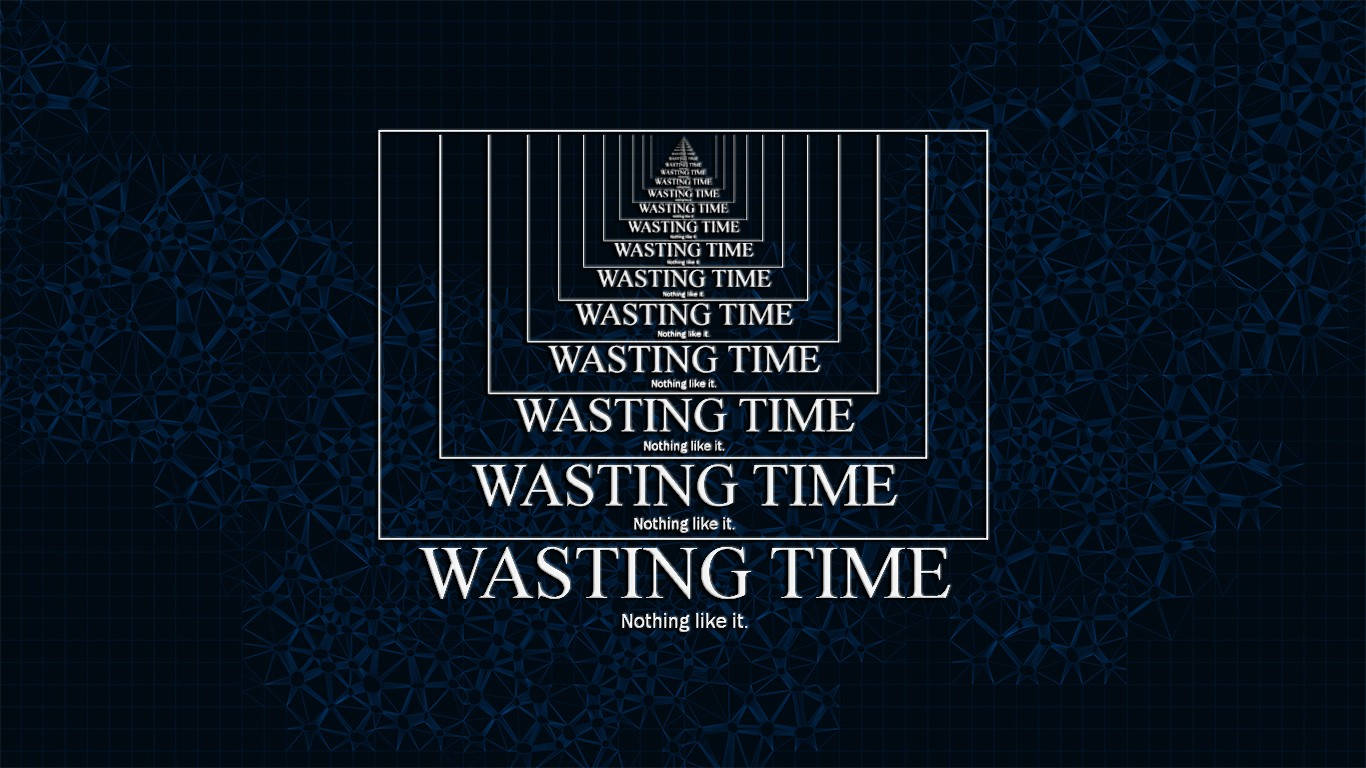 無限鏡面語錄深色背景 壁紙 — 深藍色幾何圖案牆紙，白色文字「WASTING TIME」在嵌套框架中重複，背景帶有圖案。