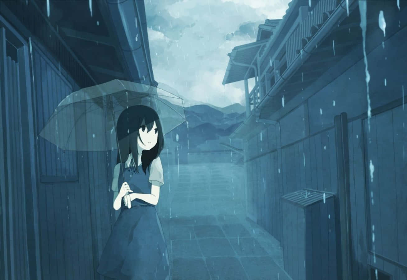 動漫女孩在雨中木巷裡拿著雨傘，兩旁是木建築。