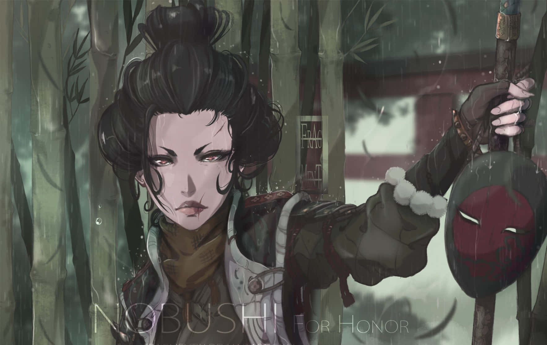 武士在竹林中手持劍和頭盔，雨中佇立。