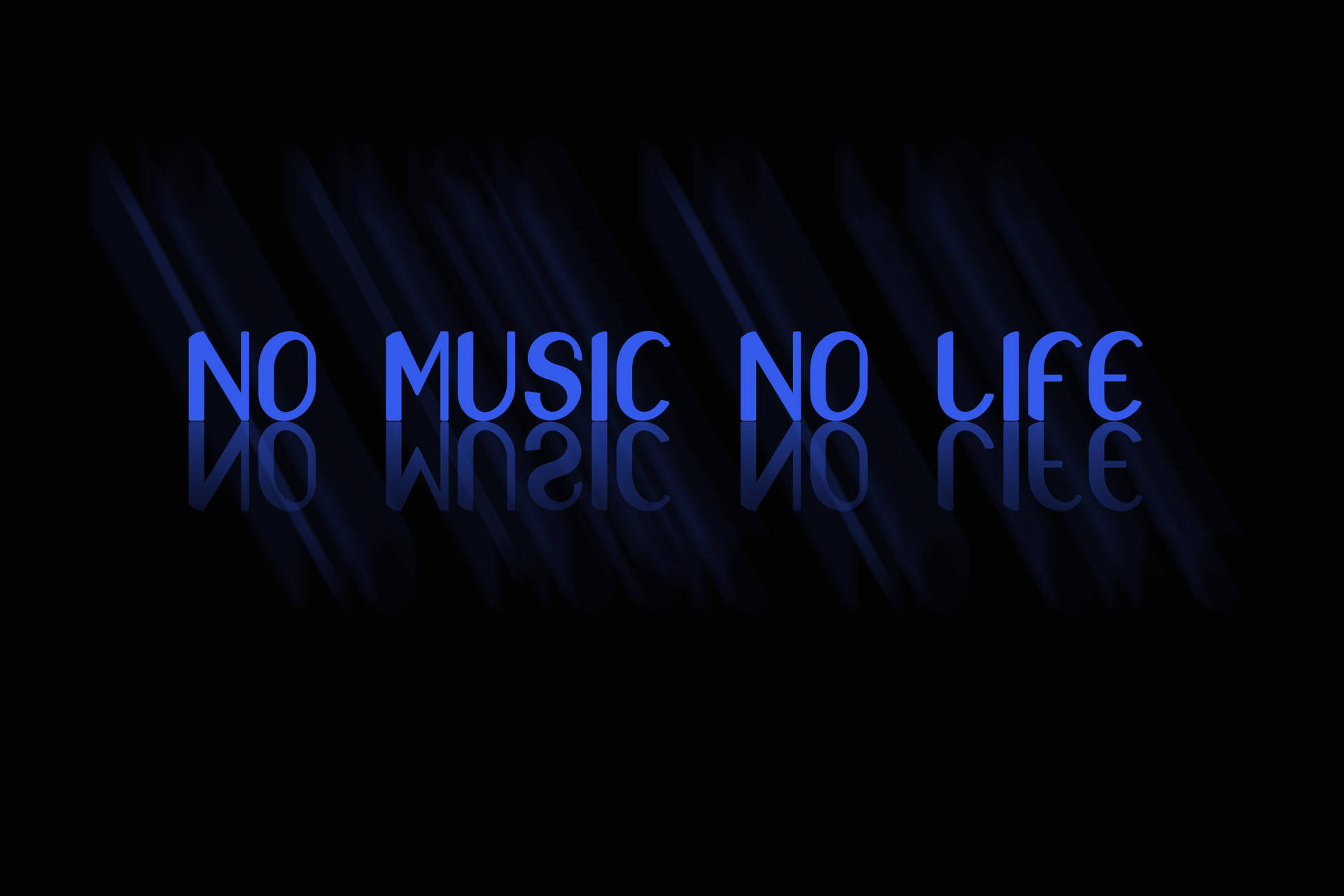藍色發光文字在黑色背景上顯示 no music no life，並帶有光線條紋。