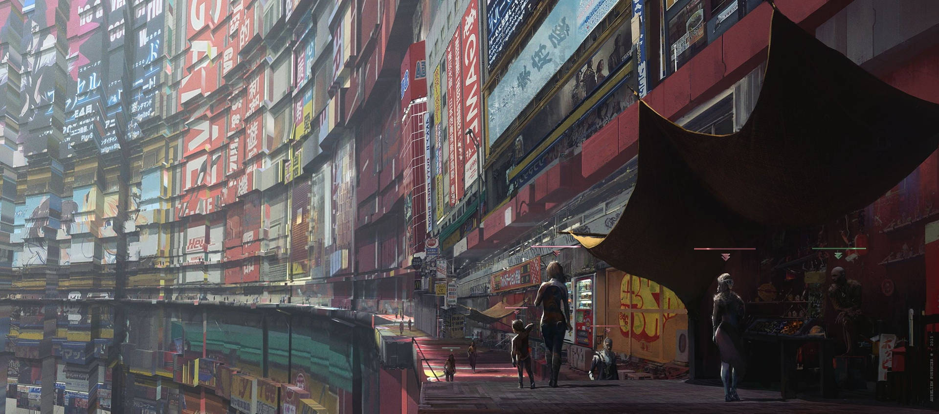 未來風格的 cyberpunk 小巷，有霓虹燈招牌和反光的濕漉漉路面。