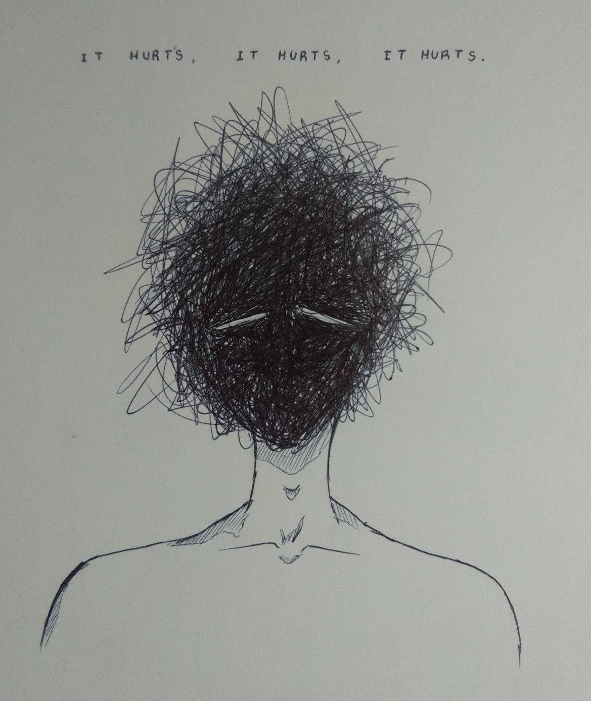 一個有塗鴉頭嘅人物，上面有文字 'IT HURTS, IT HURTS, IT HURTS'。
