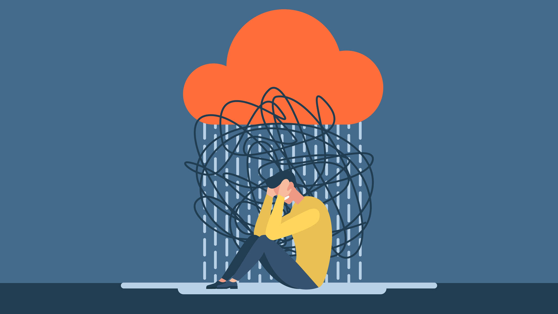 坐在暴風雲下的人，帶有糾結的線條和雨滴。