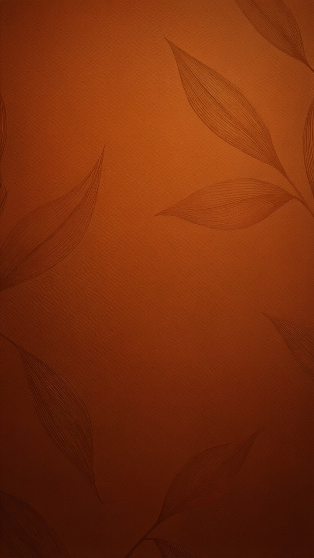 在溫暖的橙色漸變上帶有葉子輪廓的抽象壁紙。