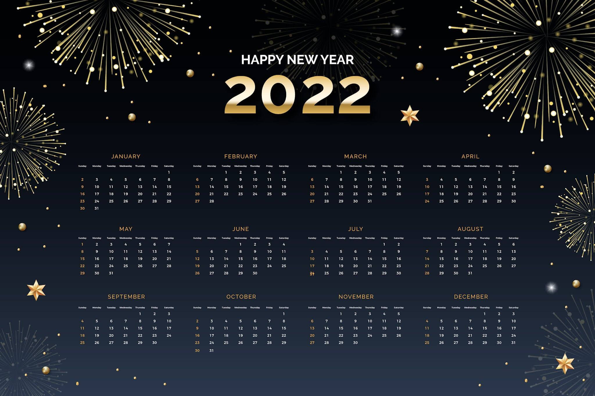 煙火2022年曆 壁紙 — 2022年新年日曆，深色背景上有金色煙火和星星。