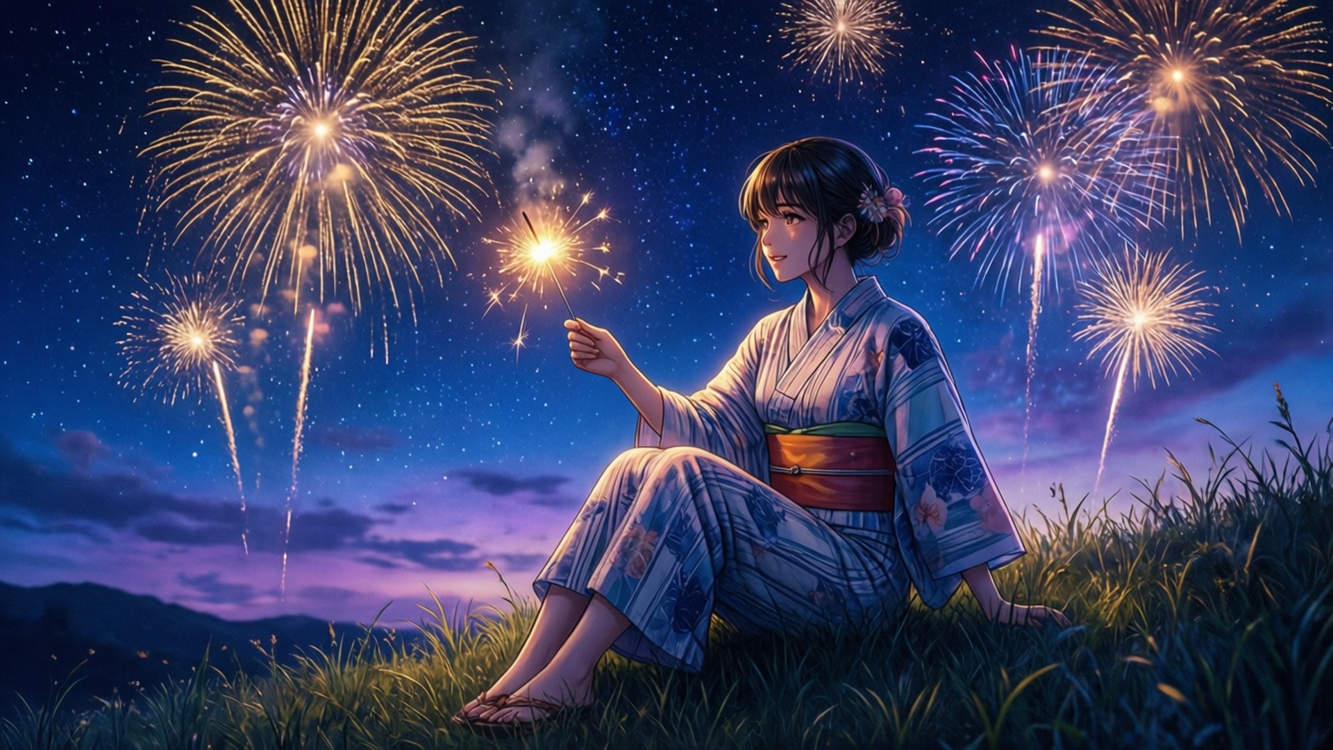 穿著和服的年輕女子在夜間煙火下手持仙女棒。