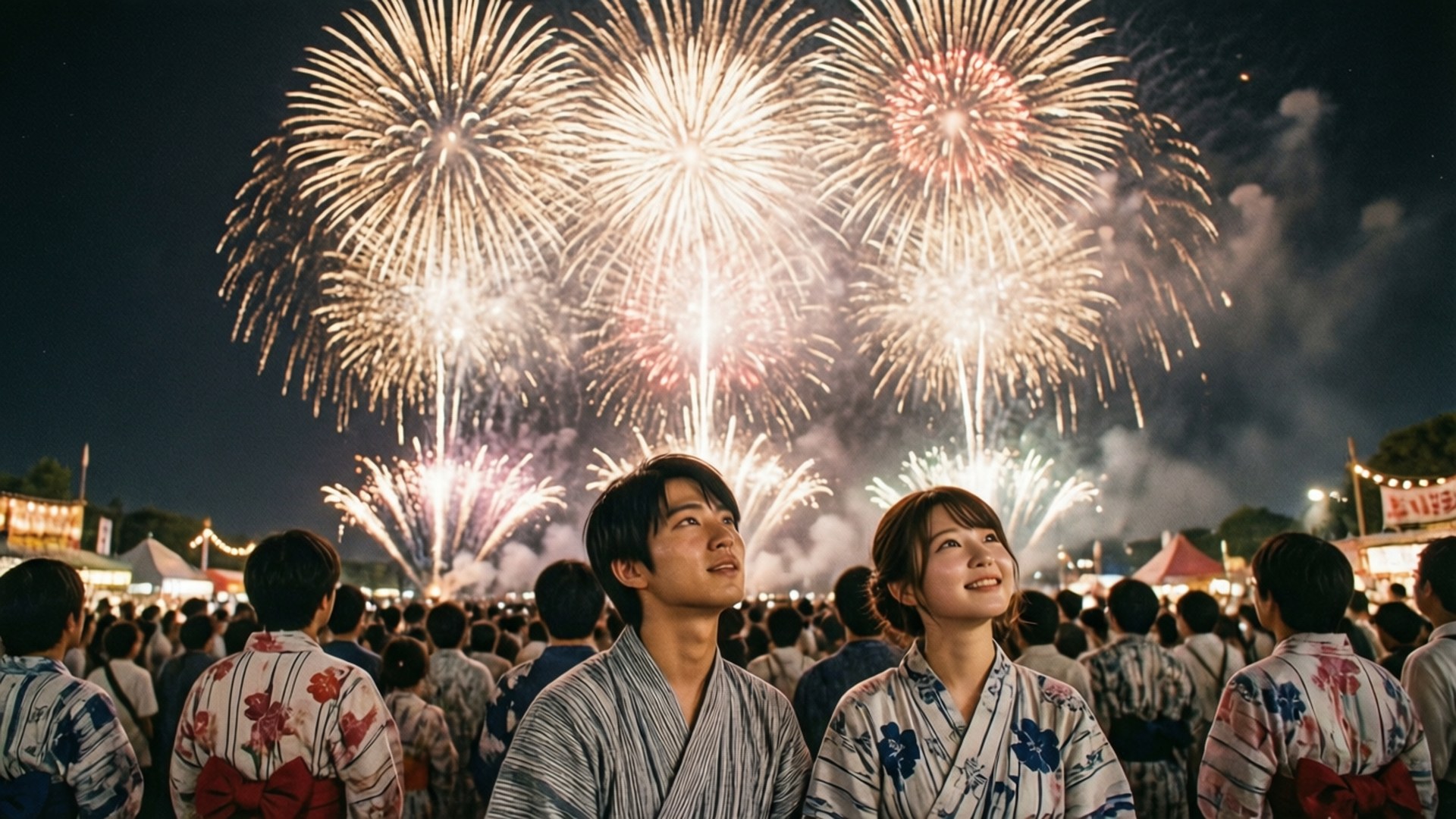 煙火節慶 壁紙 — 一對穿著傳統和服的情侶抬頭驚嘆地看著擁擠的節日夜空中綻放的耀眼煙花。