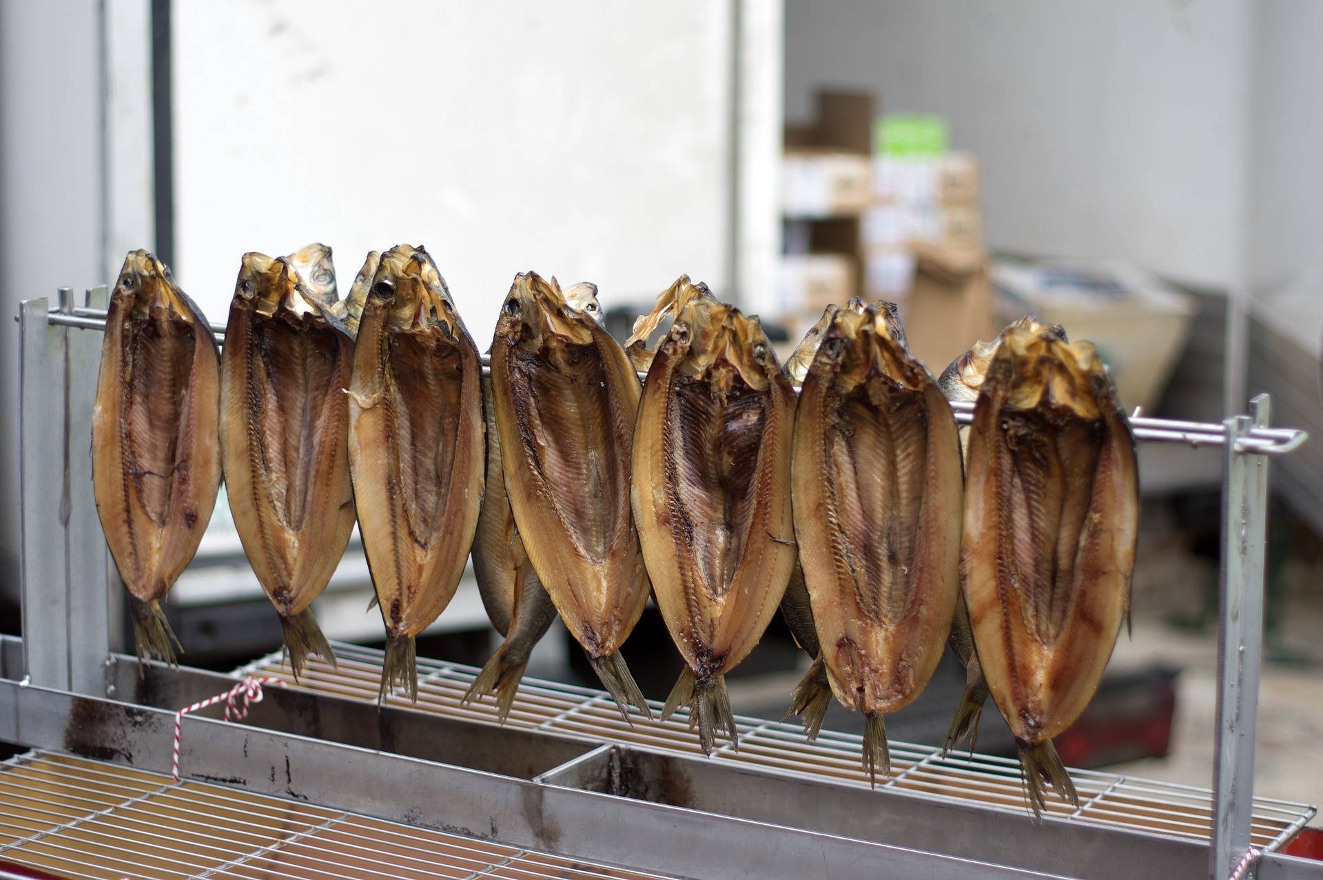 煙燻無骨鯡魚 壁紙 — 一排排乾魚掛在金屬架上，位於樸素的加工室內，背景有模糊的紙箱。