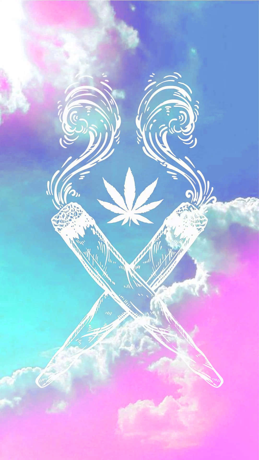 兩支交叉的大麻煙，煙霧在色彩繽紛的天空中升起。