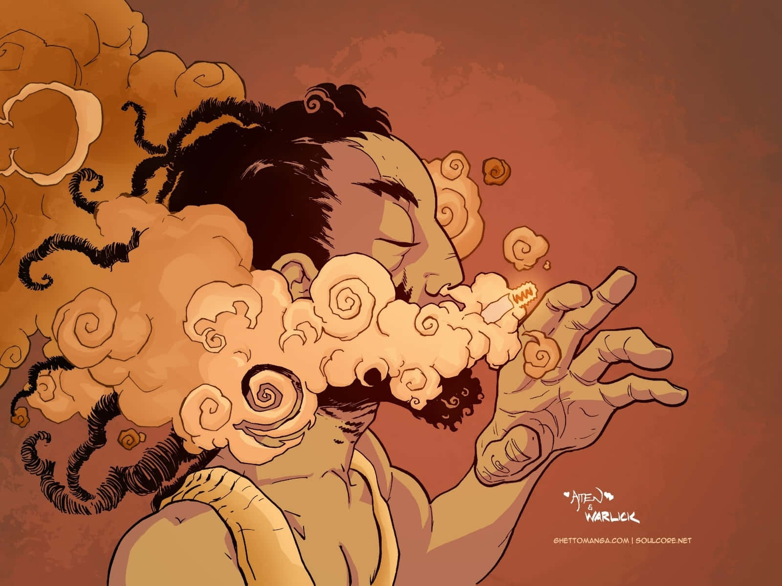 煙草愛好者藝術作品 壁紙 — 一個風格化的插圖人物在溫暖的橙色背景下呼出旋轉的煙霧圖案。