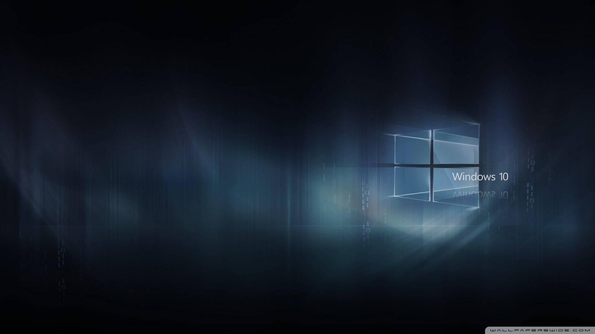 煙霧 Windows 10 高清標誌 壁紙 — 一個發光的Windows 10標誌在帶有微妙粒子效果的深色數位背景上閃耀著藍光。