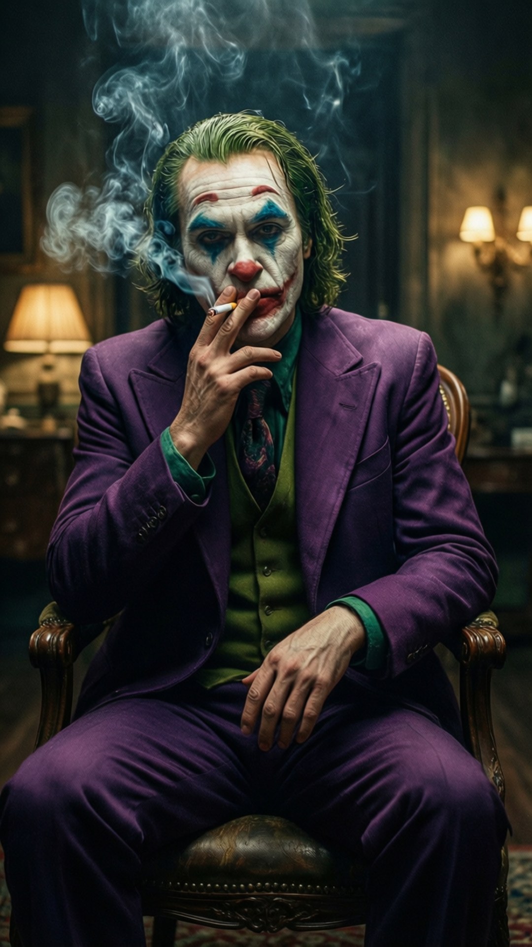 煙霧中的小丑 壁紙 — 一個綠色頭髮、小丑妝容的男人，身穿紫色西裝，坐在燈光昏暗的房間裡抽煙。