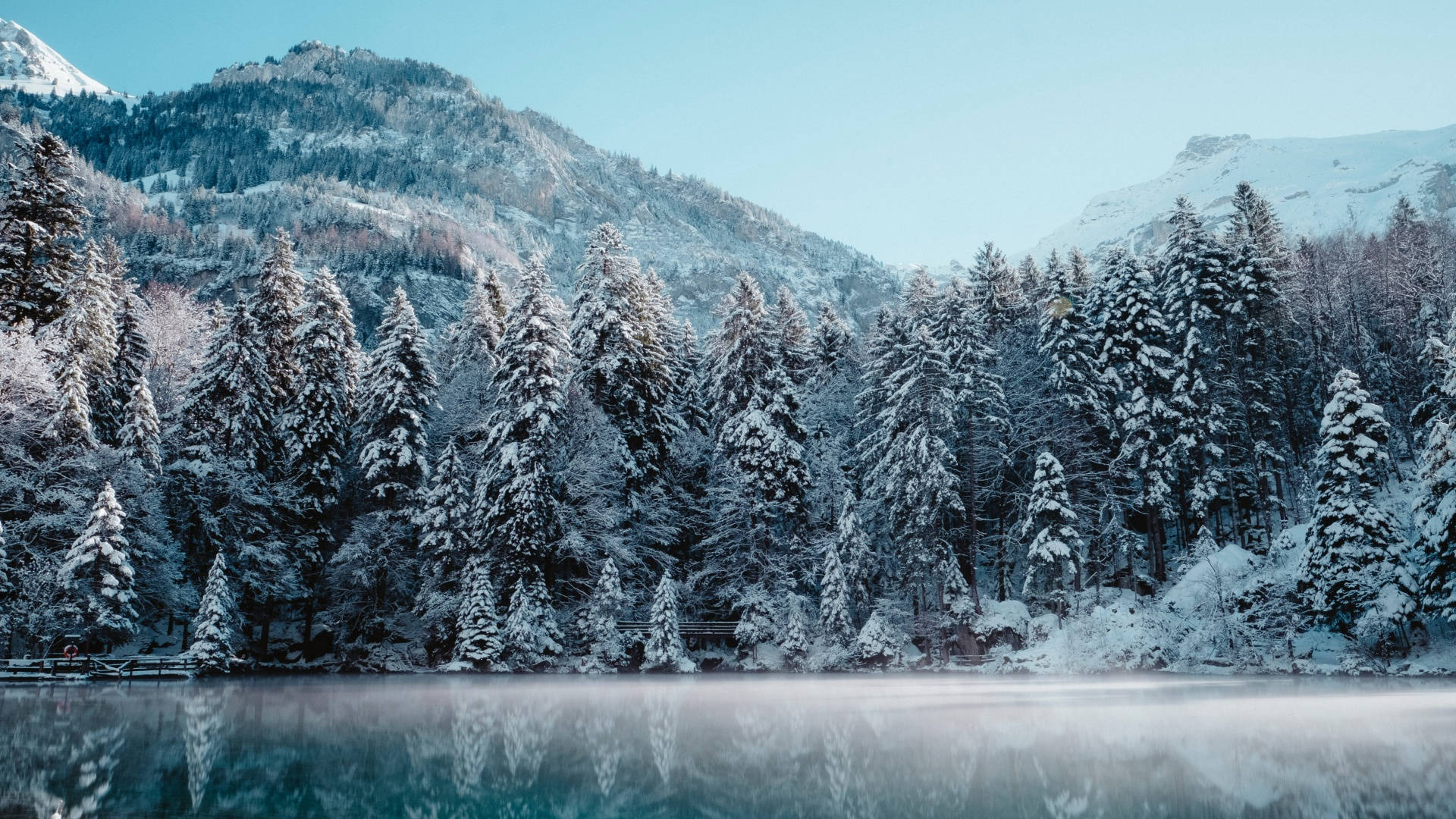 白雪覆蓋的松樹和山脈在晴朗的冬日裡倒映在結冰的湖面上。