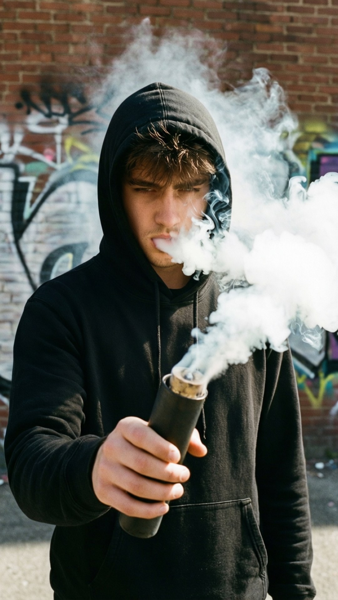 煙霧彈逃脫 壁紙 — 一名身穿黑色連帽衫的年輕男子，手持吸煙裝置對著佈滿塗鴉的磚牆，呼出濃煙。