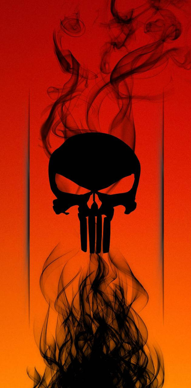 煙霧效果死神骷髏 壁紙 — 一個黑色骷髏剪影，下巴上有三條垂直條紋，從旋轉的煙霧中升起，背景是火紅和橙色的漸變色。