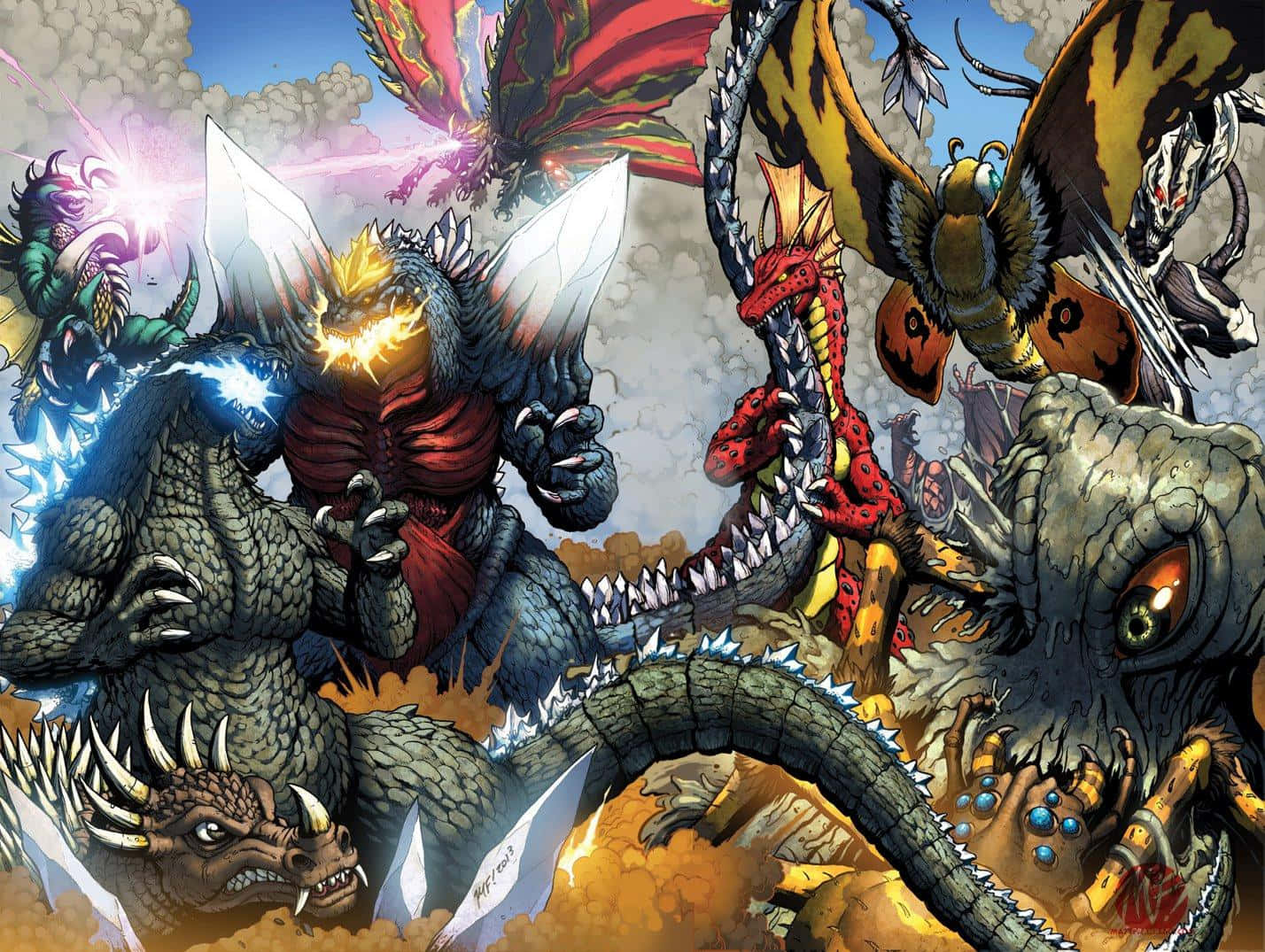 Godzilla Earth 桌布 壁紙 — 煙霧瀰漫的天空中，多隻擁有發光眼睛和鋒利爪子的巨型怪獸卡伊獸激烈衝突的混亂戰鬥場景。