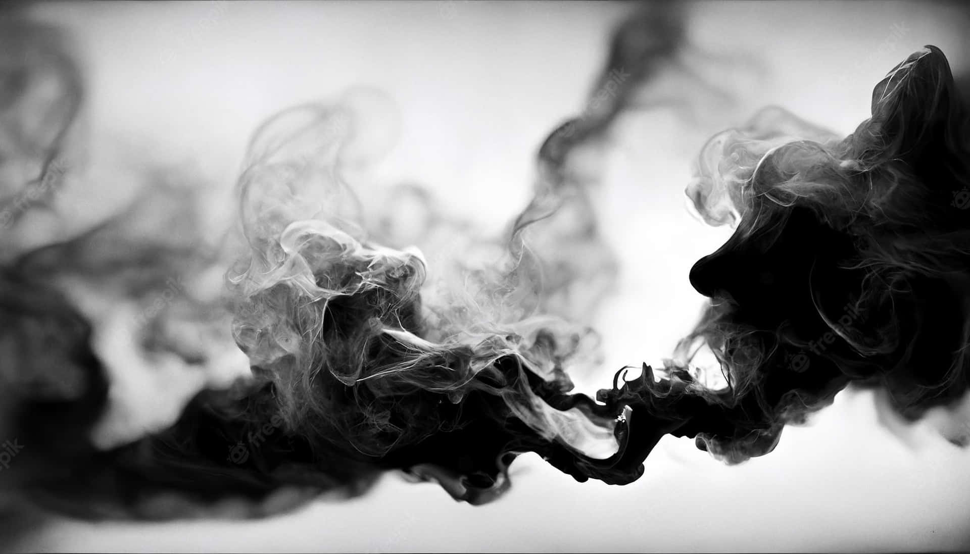 在柔和的漸變背景上，黑白煙霧的動態漩渦。