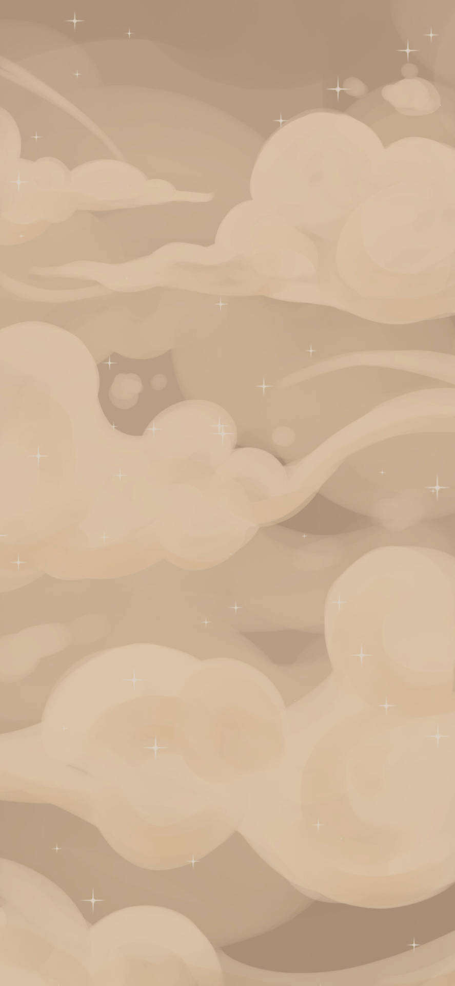 柔和嘅米色雲朵伴隨住閃爍嘅星星，漂浮喺平靜嘅天空中。