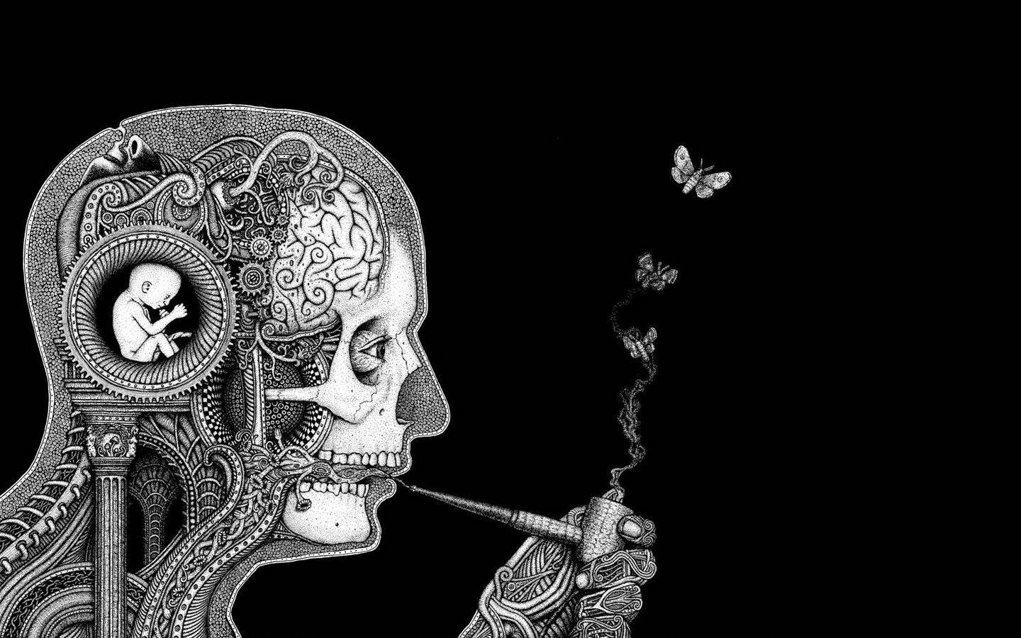 煙霧繚繞的想像世界 壁紙 — 一個詳細的黑白插圖，描繪一個人頭側面，露出複雜的大腦和一個胎兒在圓形框架內，同時吸煙斗，煙霧中出現蝴蝶。
