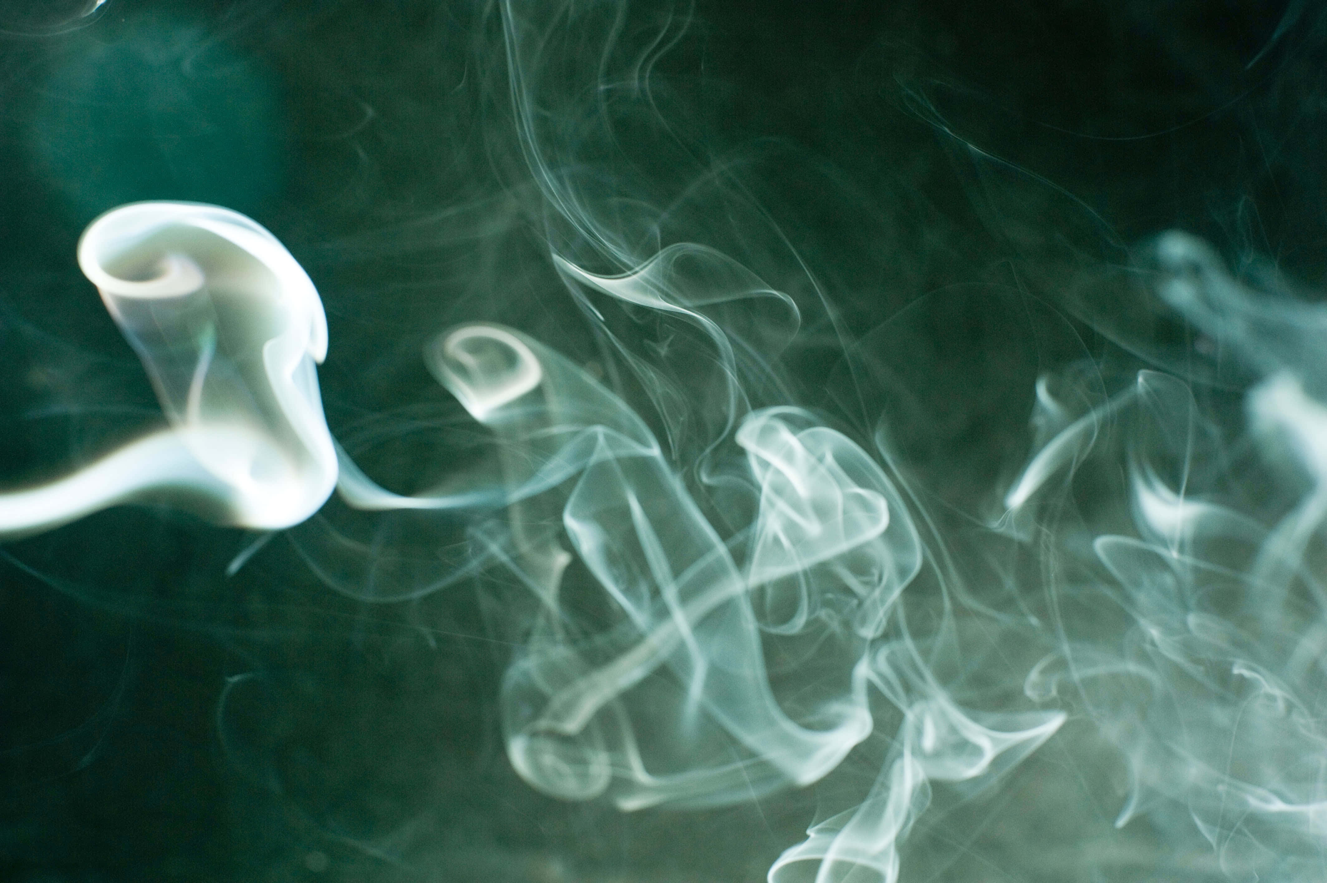 煙霧背景拖曳煙霧 壁紙 — 空靈的白煙在深綠色背景上纏繞飄移，上演一場光與影的慢動作舞蹈。