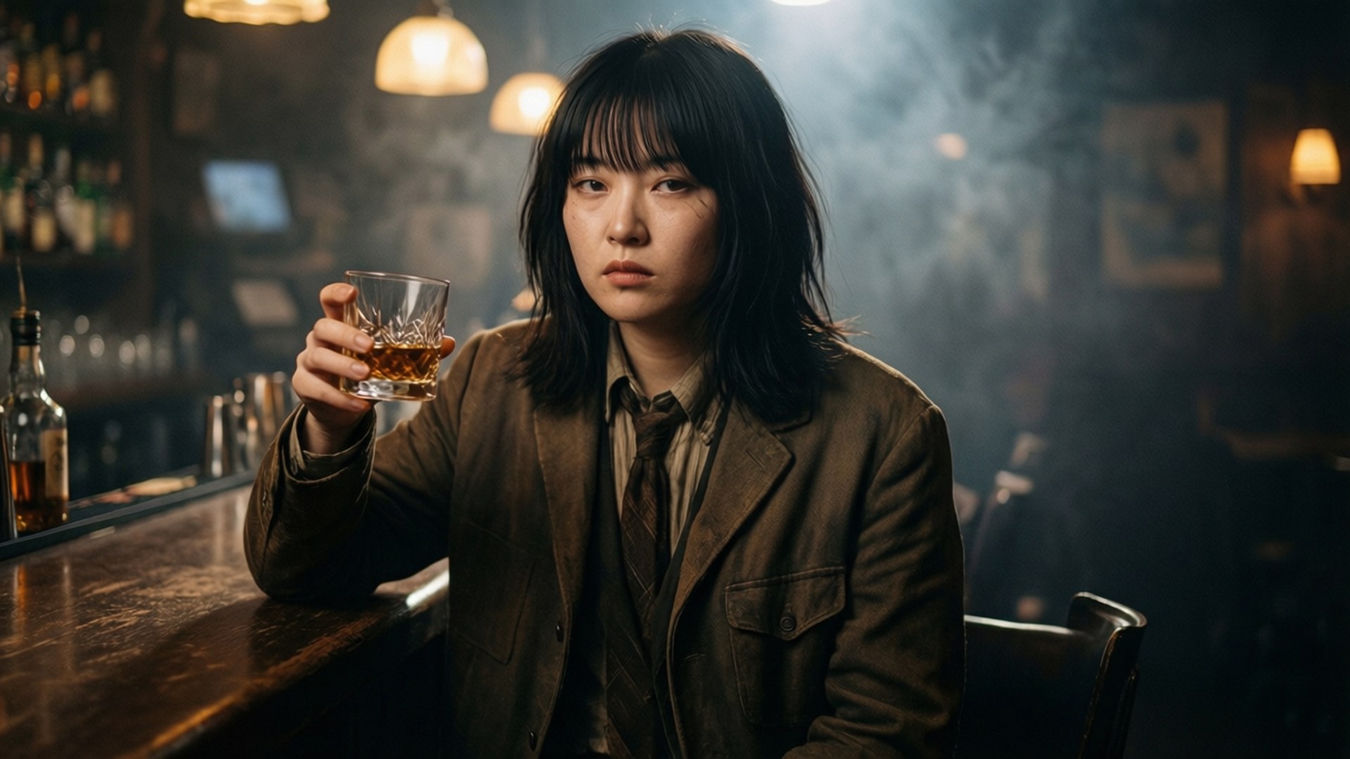 身穿棕色外套的女性在煙霧瀰漫的酒吧中手持威士忌杯