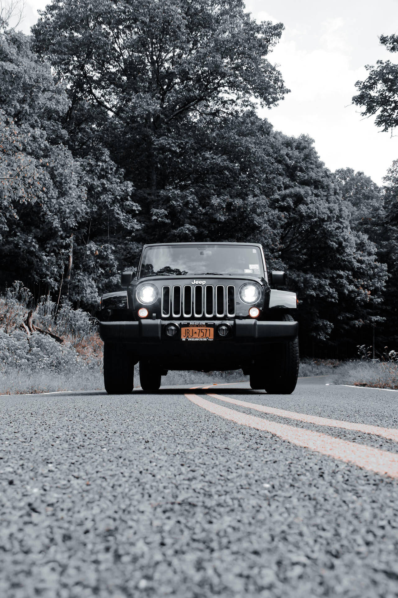 陰天下森林道路上行駛的黑色Jeep Wrangler，車頭燈亮著