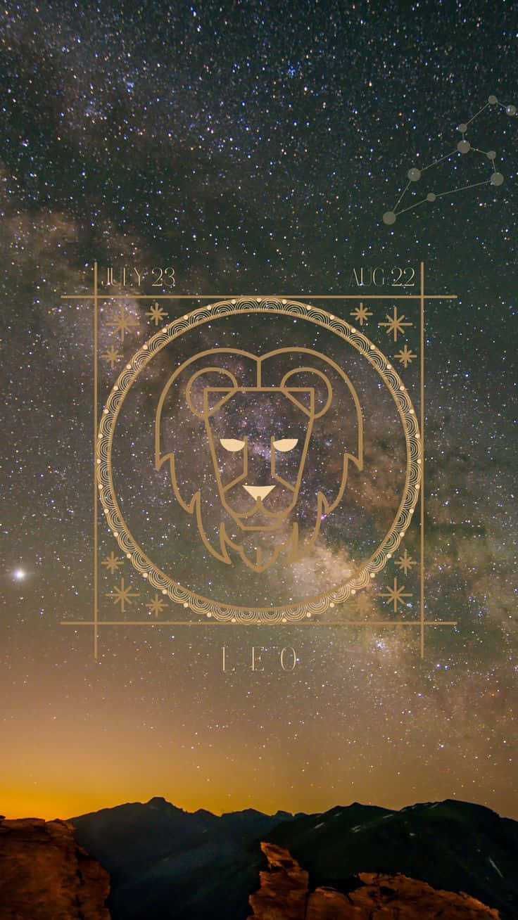 獅子座符號在黃昏時分山脈上方的星空夜空中閃耀著金色光芒。