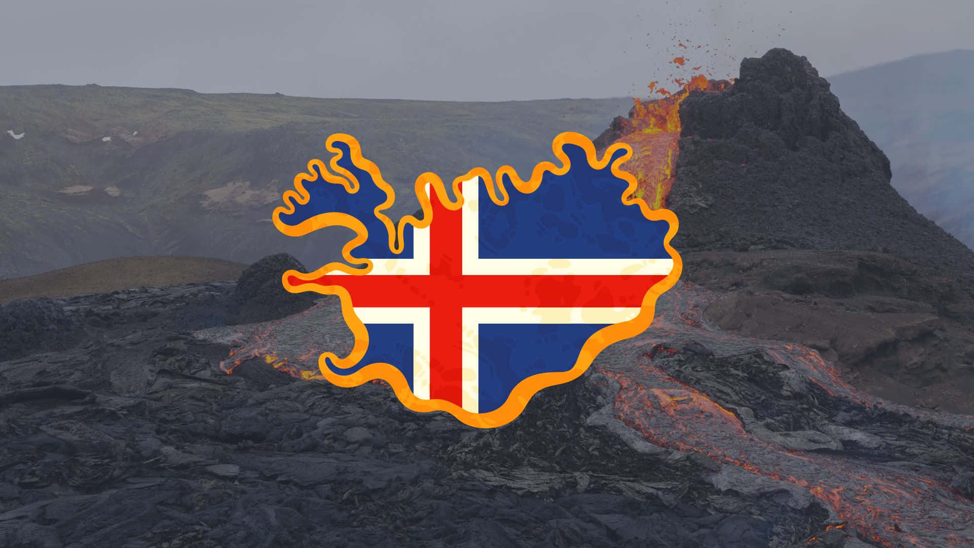 冰島國旗疊加在火山噴發和熾熱熔岩上。