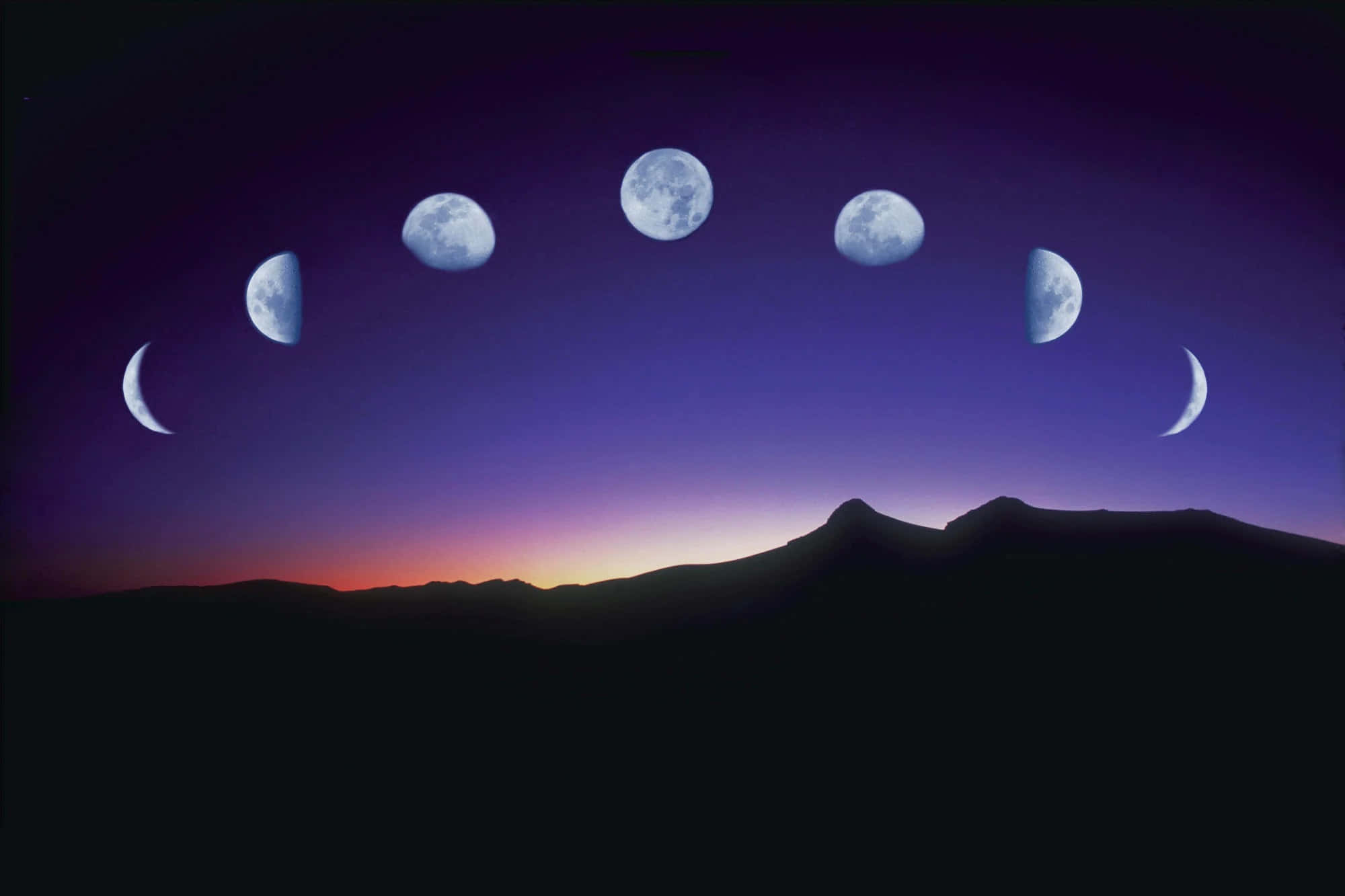 照亮夜空的滿月 壁紙 — 寧靜的暮色天空顯示滿月週期在黑暗的山脈輪廓上方拱起。