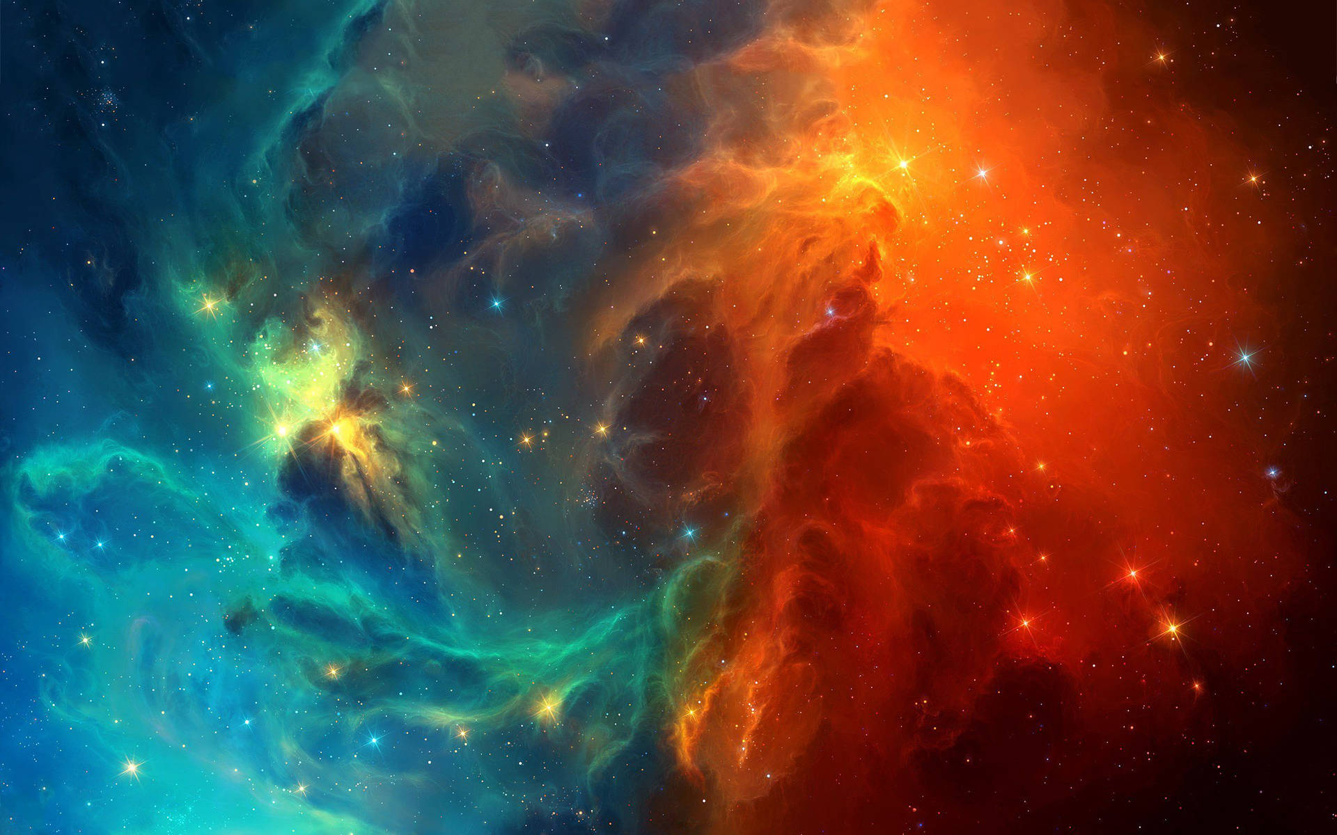 色彩繽紛的宇宙星雲，帶有發光的星星和旋轉的氣體。
