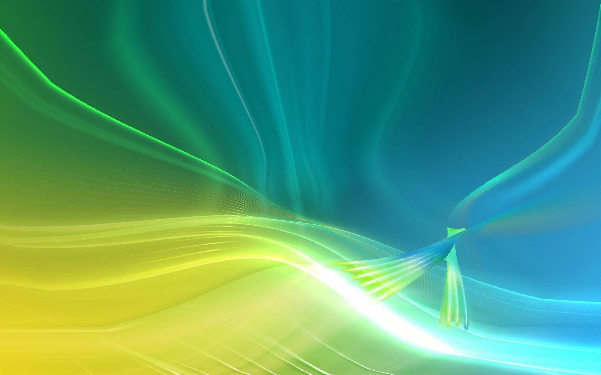 照亮的 Windows Vista 壁紙 — 充滿活力的抽象波浪，綠色、黃色和藍色在發光的數位畫布上動態流動。