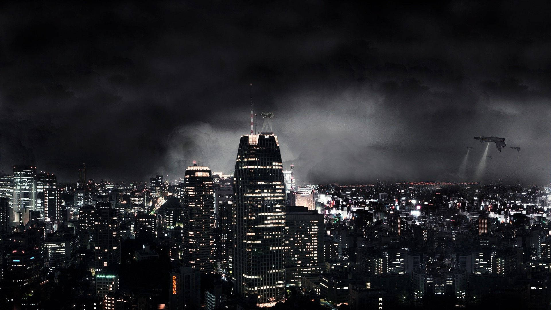 未來城市在夜晚，暴風雲下，有飛行車輛。