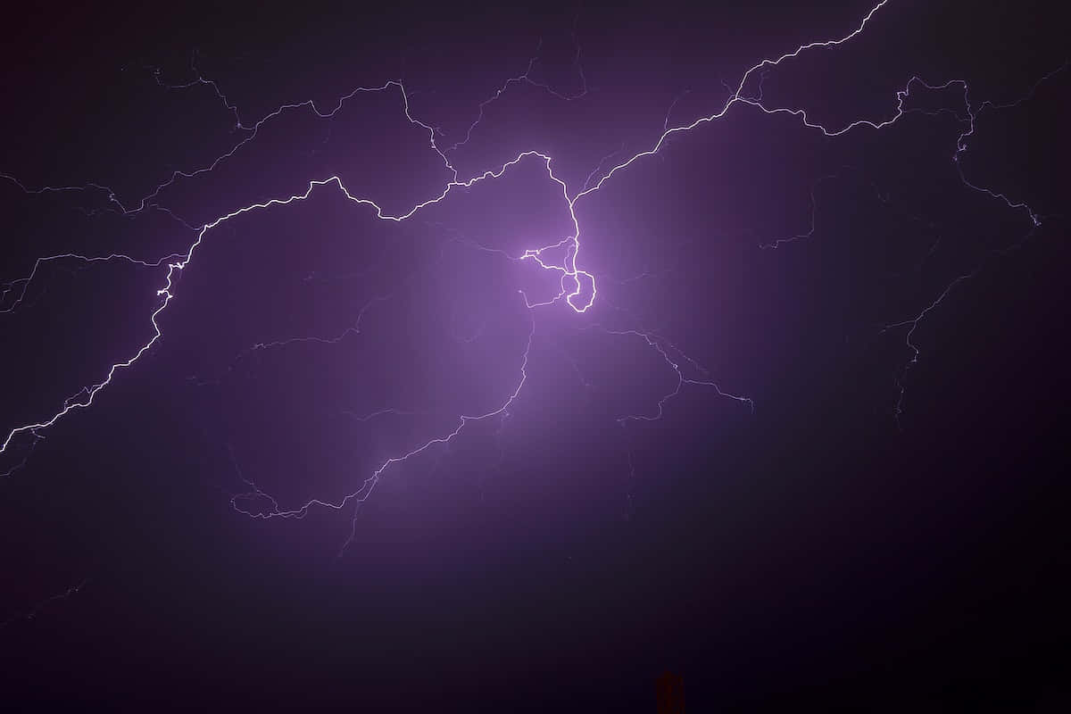 照亮的天空 壁紙 — 一道強勁的紫色閃電在黑暗的暴風雨天空中分叉，呈現出戲劇性的自然景象。