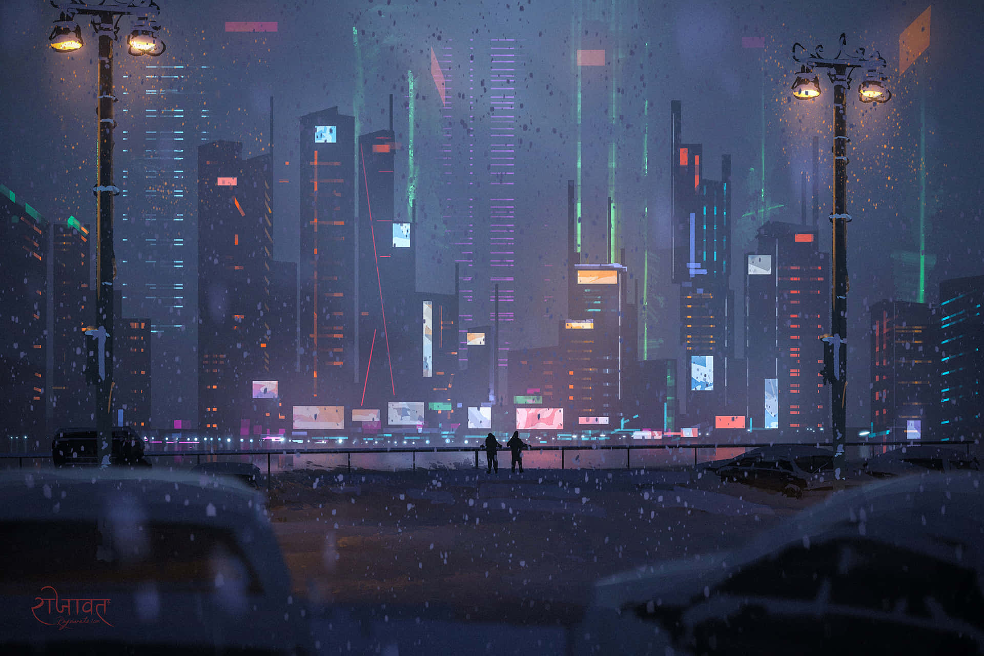 兩個人在夜晚雨中的霓虹城市橋上。