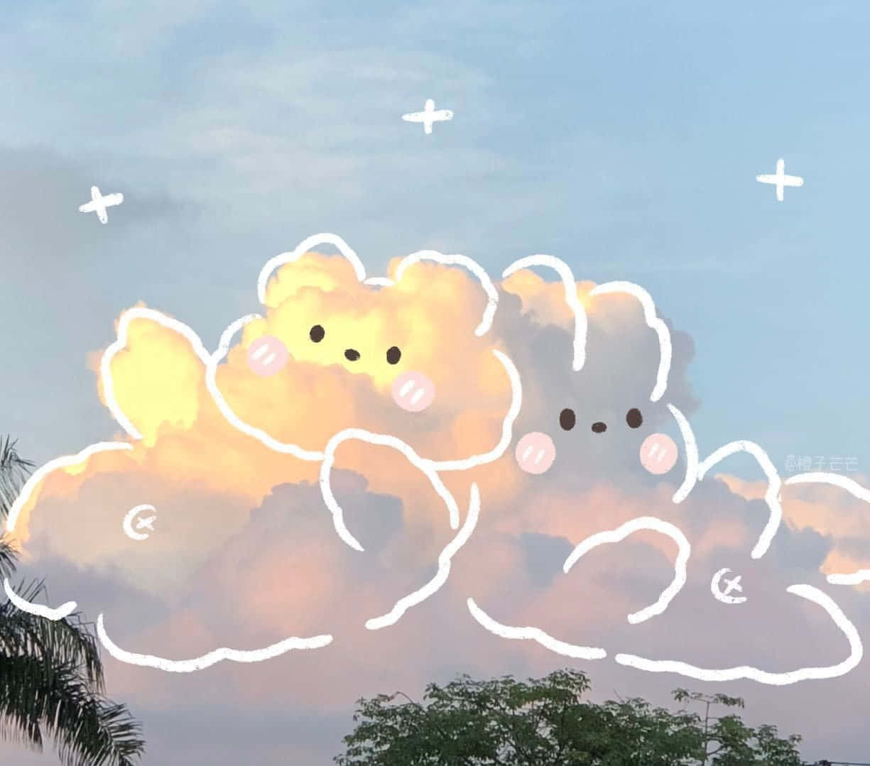 兩隻卡通熊仔面紅紅，喺粉彩天空下嘅 fluffy 雲層中。