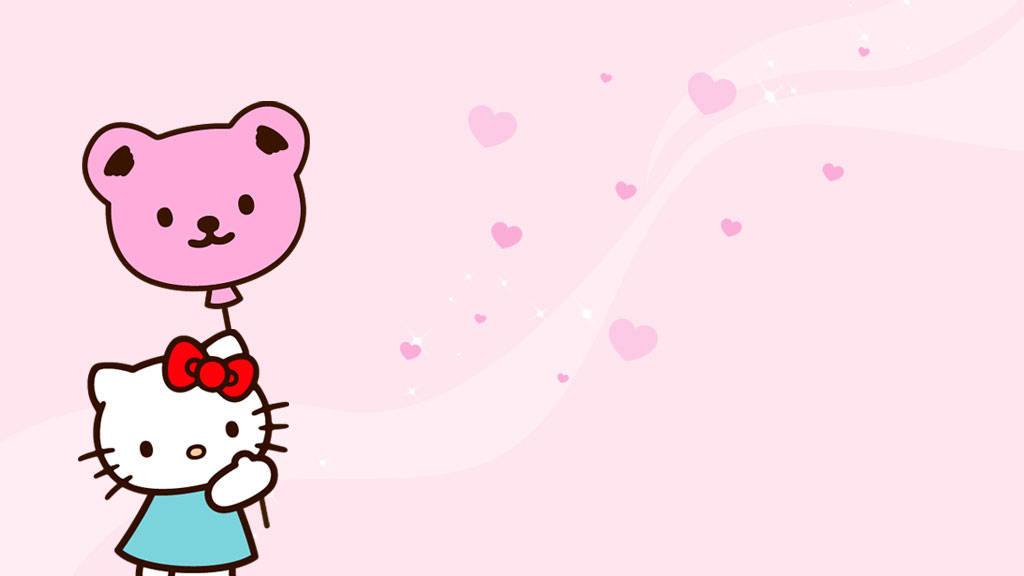 Hello Kitty 拿著一個粉紅色泰迪熊氣球，心形飄浮。 — Hello kitty 美學 GIF 壁紙